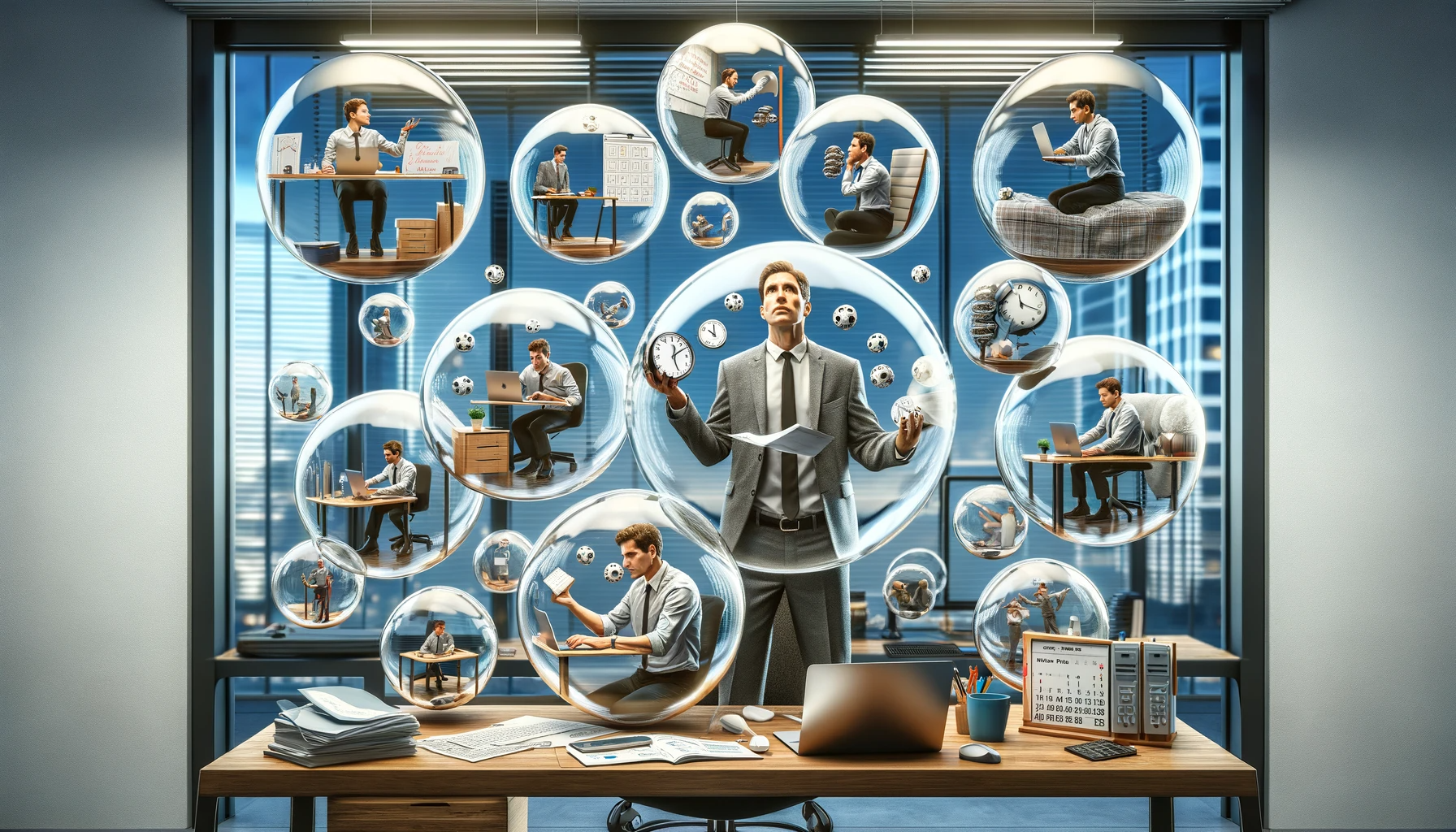 Man in office surrounded by balls of work. Generated by DALL-E